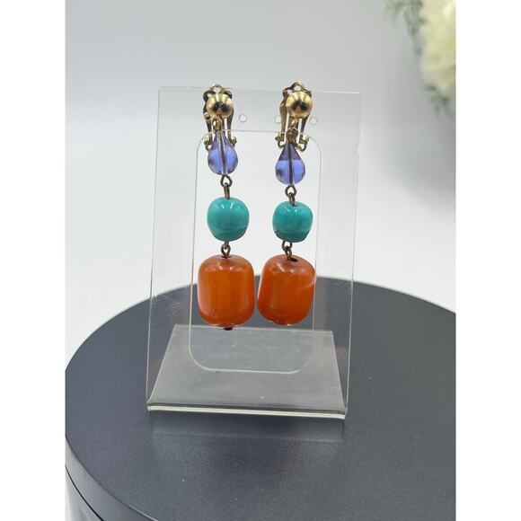 Vintage Butterscotch Egg Yolk Bakelite Blue Purple Glass Dangle Earrings - Picture 4 of 7